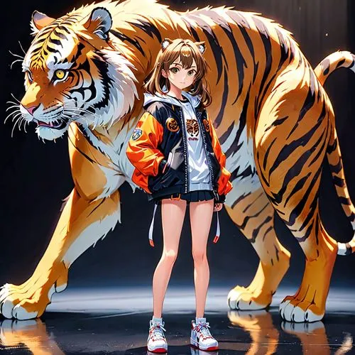 anime character,girl,tiger,a young woman is standing next to a tiger,tigers,bengal tiger,siberian tiger,royal tiger,a tiger,tiger,Anime,Anime,General