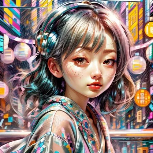 world digital painting,japanese kawaii,shirakami-sanchi,japanese woman,colorful background,girl with speech bubble,oriental girl,harajuku,digital art,girl portrait,fantasy portrait,anime girl,digital painting,japanese art,mystical portrait of a girl,digital artwork,asian vision,mari makinami,city ​​portrait,retro girl