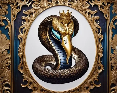 Regal wallpaper, majestic King Cobra, intricate scales, golden eyes, crown-like head, dark brown body, white belly, coiled posture, ornate Victorian-era frame, luxurious velvet background, golden fili