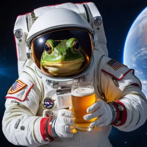 Um sapo astronauta segurando um copo de cerveja ,a frog is wearing an astronaut's space suit and holding a pint of beer,baumgartner,frog background,leaupepe,ipa,taikonaut,hopmans,Photography,General,R