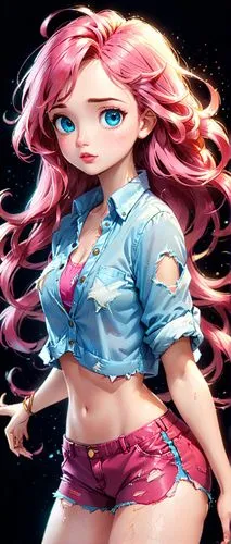 
Disney princess character watercolor painting art of Cute woman with freckles, extremely curly hair, very long hair, ((left side of her hair pink)), ((right side of her hair baby blue)), big eyes, (g