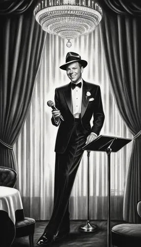 frank sinatra,ziegfeld,astaire,gardel,woolcott,sinatra,pettiford,ninotchka,tourneur,rififi,mitchum,ziegfield,sturges,bellman,trafficante,macnee,cummerbund,dandyism,film noir,headwaiter,Illustration,Black and White,Black and White 30