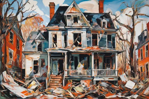 destroyed houses,home destruction,fire damage,house insurance,burning house,demolition work,house fire,demolition,dilapidated,old town house,debris,row houses,the conflagration,calamities,devastation,the haunted house,destroyed city,wreckage,david bates,town house,Conceptual Art,Oil color,Oil Color 18