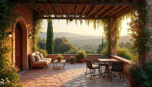 Mediterranean villa, rustic, earthy tone, natural materials, stone walls, wooden beams, terracotta roof tiles, lush greenery surroundings, olive trees, cypress trees, blooming flowers, outdoor seating