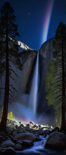 moonbow,yosemite,yosemite park,rainbow bridge,brown waterfall,rainbow and stars,yosemite national park,water fall,bond falls,bridal veil fall,wasserfall,water falls,tribute in light,salt creek falls,half dome,atmospheric phenomenon,waterfall,waterfalls,long exposure light,rainbow background,Conceptual Art,Oil color,Oil Color 09