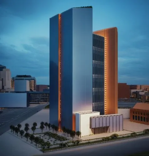 two large building with orange lights on them,luanda,edificio,barranquilla,the energy tower,new city hall,abidjan,Photography,General,Cinematic