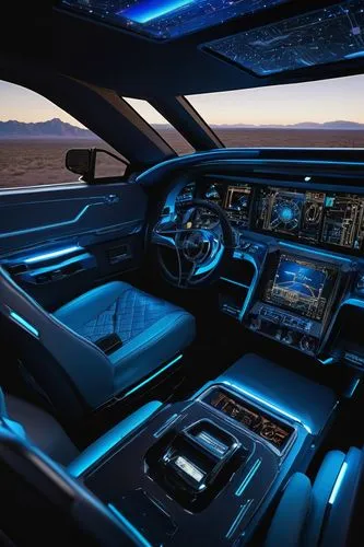 Modern luxury MC interior, futuristic high-tech atmosphere, sleek metallic surfaces, neon blue accents, captain's chair with built-in console, holographic display, advanced control panel, intricate ci