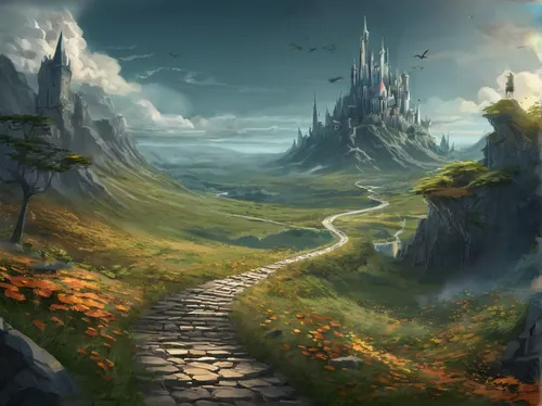 fantasy landscape,fantasy picture,the mystical path,pathway,northrend,the path,hiking path,fantasy art,druid grove,landscape background,forest path,high landscape,fantasy world,an island far away landscape,elven forest,castle of the corvin,mushroom landscape,road forgotten,knight's castle,way of the roses,Conceptual Art,Fantasy,Fantasy 02