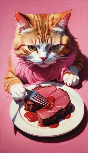 eat,appetite,tea party cat,cat food,carpaccio,red tabby,red cat,tuna steak,cat image,chef,cuisine,borscht,domestic cat,culinary art,carnivorous,étouffée,carnivore,pink cat,the pink panter,eat away,Conceptual Art,Daily,Daily 12