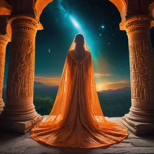 orange robes,fantasy picture,nakshatras,priestess,the pillar of light,orior,orange,fantasy art,ashtar,mystical portrait of a girl,sorceress,portal,enchantment,astral traveler,inanna,silmarillion,mythography,invoking,light bearer,mediumship,Illustration,Realistic Fantasy,Realistic Fantasy 02