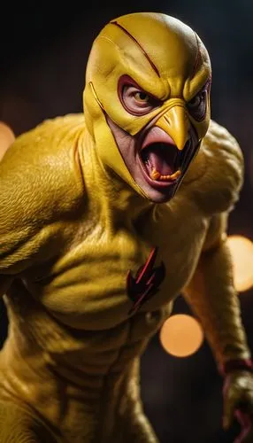 A Hybrid of Chicken Reverse-Flash, chicken mouth,actionfigure,cowl vulture,frog figure,action figure,kryptarum-the bumble bee,toy photos,collectible action figures,yellow jacket,marvel figurine,et,3d 