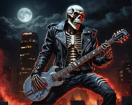 rock music,guitar player,skull allover,guitar solo,rock band,painted guitar,crossbones,scull,rocker,days of the dead,calavera,dance of death,day of the dead skeleton,epiphone,musician,guitarist,lead guitarist,guitor,calaverita sugar,sting,Illustration,Retro,Retro 10