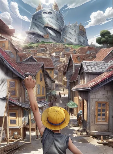 meteora,popeye village,oktoberfest background,world digital painting,shanghai disney,yellow sun hat,studio ghibli,pubg mascot,geppetto,pinocchio,yellow mountains,mountain village,escher village,bogart village,calm usopp,moc chau hill,alpine village,digital compositing,mountain world,3d fantasy