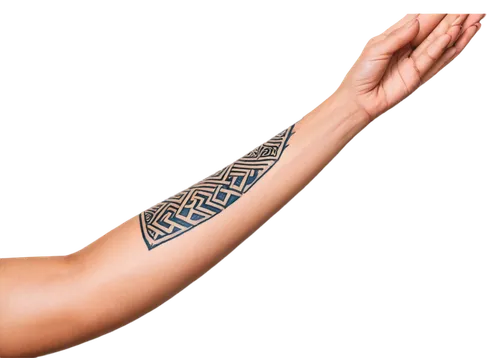 Small tribal tattoo, simple design, black ink, geometric patterns, Maori-inspired, bold lines, minimalist, delicate, feminine, upper arm placement, close-up shot, shallow depth of field, soft focus, n