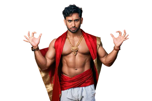 Ashtavinayak, Hindu god, four arms, angry face, golden skin, intricate jewelry, red tilaka, white dhoti, bare chest, muscular build, dramatic lighting, intense gaze, dynamic pose, Indian mythology, or