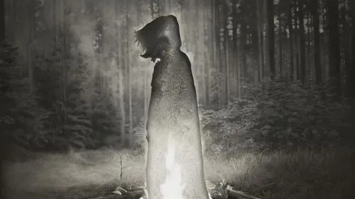 a person standing in the woods next to a fire pit,hecate,menhir,totem,mediumship,light bearer,imbolc,Art sketch,Art sketch,Aquatint