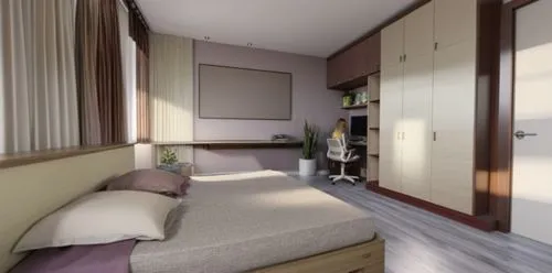 High and long rectangular Concrete planter standing on the ground all the way till shelf level,the bedroom is well made and has several cupboards,3d rendering,habitaciones,render,modern room,room newb