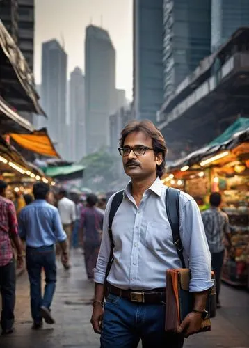 Middle-aged man, architecture designer, Mumbai, India, messy brown hair, black-rimmed glasses, white shirt, dark blue jeans, black leather belt, carrying a large portfolio case, standing, urban citysc