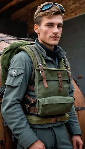 A gorgeous 22 years old German Luftwaffe Fighter Pilot, ETO, Late WWII, wearing a Draeger mid grey-green G-3 Anti-G Suit with dark-grey flat, 30 x 50 cm packed Parachute bagpack with harness, standing