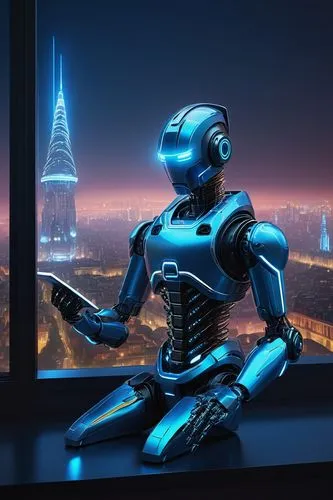 Modern android application architecture, 3D illustration, futuristic interface, sleek lines, metallic accents, glowing blue circuits, intricate motherboard details, robot arm holding tablet, cityscape