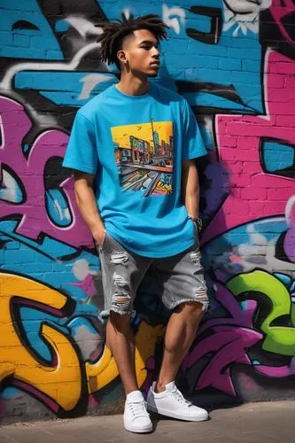 t-shirt, graphic design, casual wear, cotton fabric, crew neck, short sleeves, relaxed fit, men's fashion, urban style, streetwear, graffiti pattern, bold colors, ripped jeans, sneakers, skateboard, c