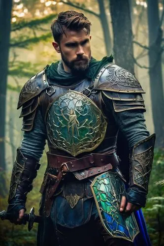 Fantasy, medieval, warrior, male, muscular, 30yo, short beard, messy brown hair, scar above eyebrow, leather armor, silver sword, shield with emblem, strong facial expression, standing hero pose, mist