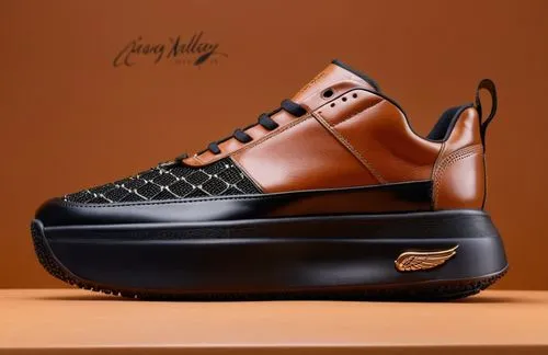 Leather upper sneaker, mesh inlay toe box, thick rubber sole with embossed  "wing" logo, all cognac leather with black trim color scheme ,Leather sneaker with mesh toe box cognac/black ,mashburn,mcnai