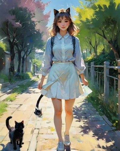 studio ghibli,girl with dog,stroll,walk,calico cat,walking,dog walker,dog walking,ritriver and the cat,walking dogs,walk with the children,street cat,girl walking away,stray cat,strolling,cat child,calico,go for a walk,cat's cafe,mari makinami,Conceptual Art,Oil color,Oil Color 10