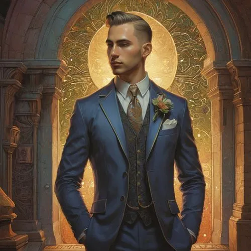 the groom,wedding suit,groom,bridegroom,gentleman icons,formal guy,custom portrait,fantasy portrait,romantic portrait,portrait background,priesthood,silver wedding,suit of spades,men's suit,prophet,groom bride,gentlemanly,artist portrait,golden weddings,royce,Illustration,Realistic Fantasy,Realistic Fantasy 44