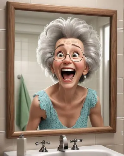 grandma,granny,makeup mirror,the mirror,elderly lady,anti aging,grandmother,in the mirror,grama,magic mirror,old woman,face powder,makeover,optical ilusion,elderly person,doll looking in mirror,beauty face skin,photoshop manipulation,caricaturist,b3d