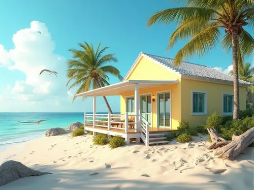 Light yellow coastal house, Mediterranean style, bright sunshine, clear blue sky, gentle sea breeze, sandy beach, palm trees swaying, wooden deck, white railings, light yellow exterior walls, turquois