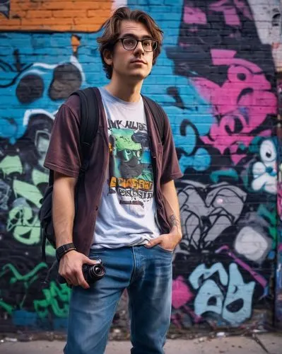 Toby Creator, male, 30s, messy brown hair, black-rimmed glasses, casual wear, worn jeans, faded band T-shirt, sneakers, holding a camera, urban street, graffiti walls, trash cans, city lights reflecti