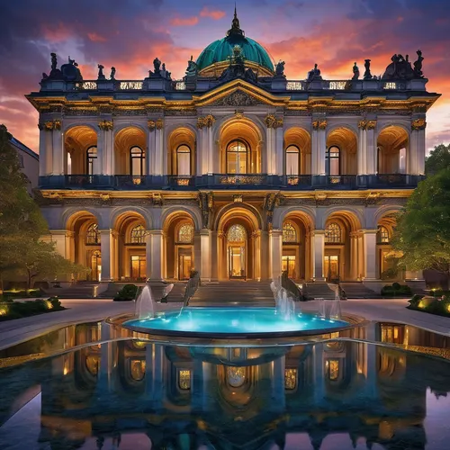 Capture the grandeur and majesty of a modern architectural masterpiece in a stunning photograph.,water palace,marble palace,gold castle,mansion,europe palace,palace,water castle,the palace,stone palac