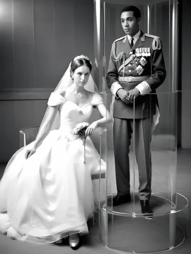 B&W photo: Bridal couple in a glass cylinder,a bride and groom pose in the lobby of an airport,13 august 1961,anniversary 50 years,monarchial,wedding photo,chigwedere,silver wedding,Photography,Black 