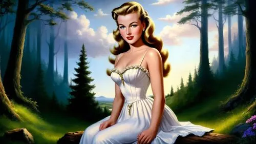 Romantic masterpiece painting, cute girl portrait, sitting, haunted dark forest, mysterious fantasy scenery, by Bob Ross, by Thomas Kinkade,maureen o'hara - female,marylyn monroe - female,marilyn monr