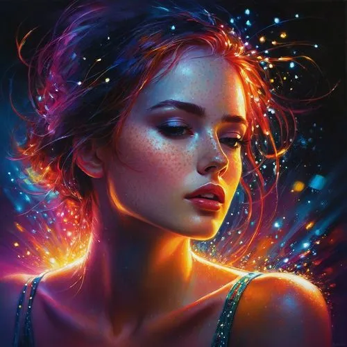 mystical portrait of a girl,fantasy portrait,world digital painting,luminous,fire artist,digital art,digital painting,fantasy art,cg artwork,fiery,aura,digital artwork,andromeda,nebula,romantic portrait,oil painting on canvas,portrait background,cinderella,colorful stars,boho art,Conceptual Art,Daily,Daily 32