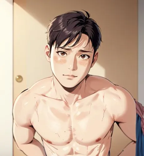 Seo Kang-joon,shirtless, tan lines, bed room, reddish skin from sun burn in arms and neck, red arms and neck,an image of a guy without a shirt on,sousuke,nozaki,ushijima,makki,bertolt,sosuke,Anime,Ani