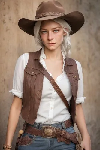 Appearance: with a strong and confident demeanor, she wears jeans, belt, brown vest, hat cowboy . White hair, elegant ranch woman. angry expression. Villainous woman vibes She is beautiful but cruel. 