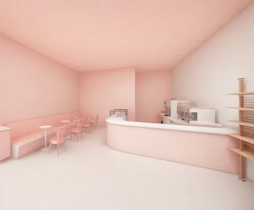 A bakery in pale pink and coral colors, light slated wood, modern minimalist bright,kitchenette,kitchen design,3d render,3d rendering,beauty room,kitchen interior,the little girl's room,cosmetics coun