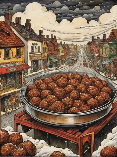 david bates,frikadeller,meatballs,beef ball,bowl of chestnuts,knödel,poffertjes,cholent,boudin,salisbury steak,suet pudding,energy balls,dutch cuisine,kristbaum ball,beef mince,fried food,chokladboll,bird's eye chili,rum balls,rum ball,Illustration,Retro,Retro 06