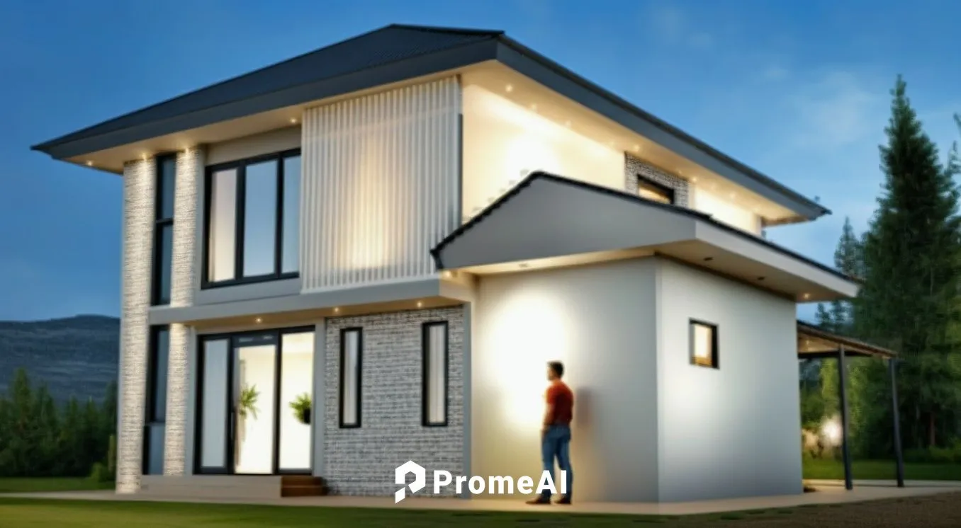 white, modern, line leds, modernist, elegant, black frames, black roof,prefabricated buildings,smart home,3d rendering,smart house,thermal insulation,frame house,heat pumps,floorplan home,house shape,