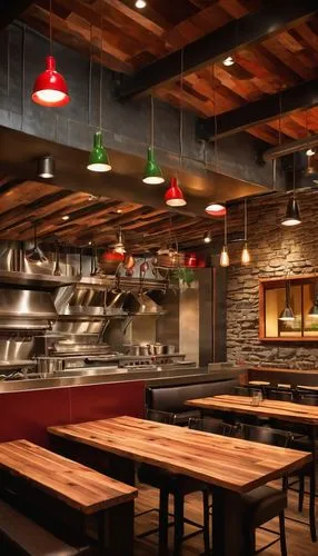 Cozy Chipotle Mexican Grill, interior design, warm color scheme, wooden tables, metal chairs, vibrant red and green decorations, reclaimed wood accents, rustic stone walls, natural light pouring in th