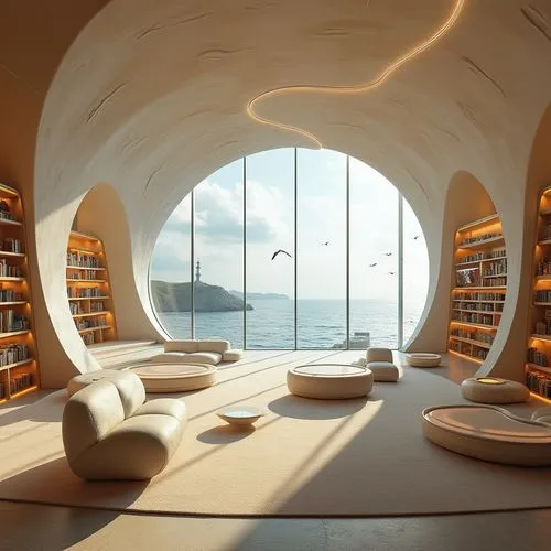 Futuristic coastal library, embracing sandy materials, modern architecture, curved lines, minimalist interior, floor-to-ceiling windows, ocean view, warm lighting, wooden shelves, futuristic book robo