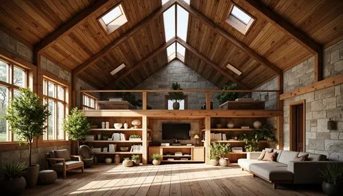 loft,wooden beams,attic,sunroom,clerestory,rustic aesthetic,home interior,barnwood,interior design,indoor,hayloft,beautiful home,timber house,interiors,frame house,living room,great room,loftily,daylighting,barn