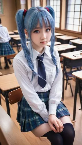 torekba,blue hair,anime 3d,bulli,anime girl,kawaii,hatsune miku,schoolgirl,japanese kawaii,ako,2d,school desk,aojiru,school uniform,kawaii girl,harajuku,miku,sitting on a chair,anime japanese clothing,detention,Art,Classical Oil Painting,Classical Oil Painting 12