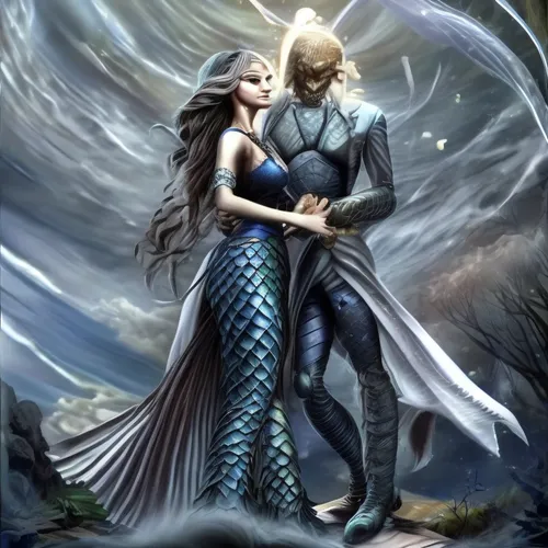 A couple Dnacing,a man and woman stand beside each other in front of a giant fish,melian,sabriel,merfolk,mermaid background,thingol,nereids