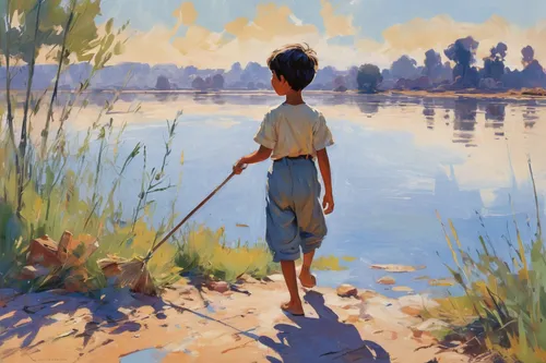 fisherman,girl on the river,fishing,painting technique,fishing float,people fishing,fishing rod,version john the fisherman,fishing classes,surface lure,painting,world digital painting,wading,lakeside,angler,casting (fishing),digital painting,reed,boy and dog,evening lake,Conceptual Art,Oil color,Oil Color 10