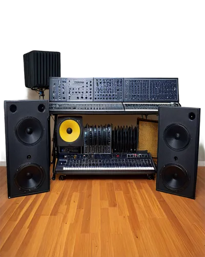 Music studio, professional audio equipment, soundproofing panels, mixing console, microphone stands, headphones, acoustic guitar, drum set, vinyl records, music sheets, warm lighting, wooden flooring,