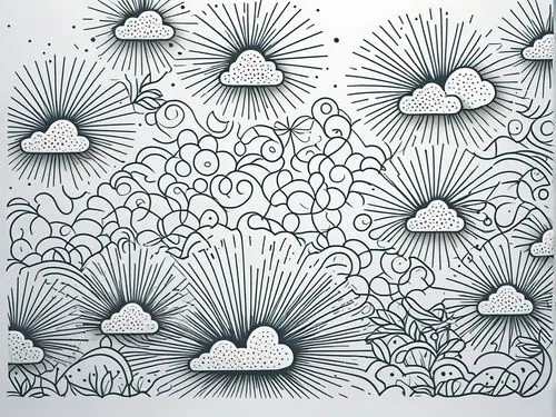 an image of a pattern in the form of a sun,umbrella pattern,cloud mushroom,paper clouds,flower line art,coloring page,cactus line art,Illustration,Black and White,Black and White 04