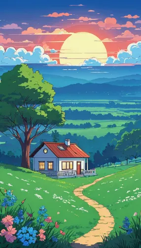 cartoon video game background,idyllic,studio ghibli,home landscape,landscape background,house silhouette,wallpaper roll,summer cottage,rural,hd wallpaper,lonely house,sakura background,screen background,summer background,dusk background,background screen,digital background,would a background,little house,desktop wallpaper,Illustration,Japanese style,Japanese Style 06